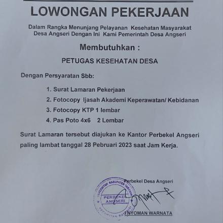 Pengumuman : Lowongan Pekerjaan Pemerintah Desa Angseri untuk Tenaga Kesehata Desa (POSKESDES)